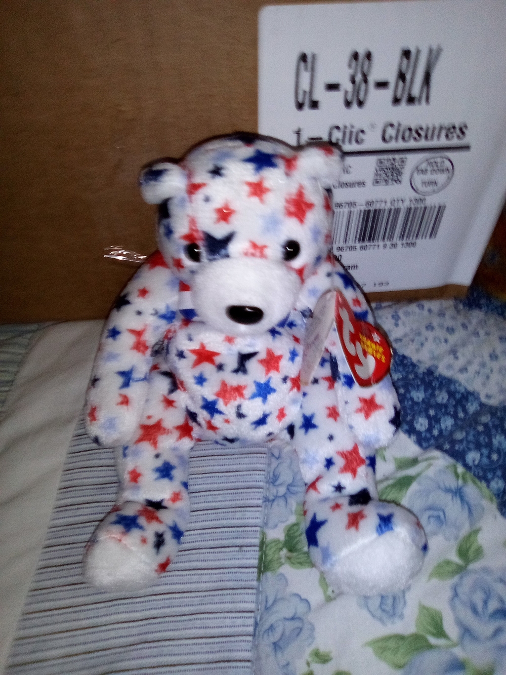 Ty Plush Star Bear - White with Red & Blue Stars